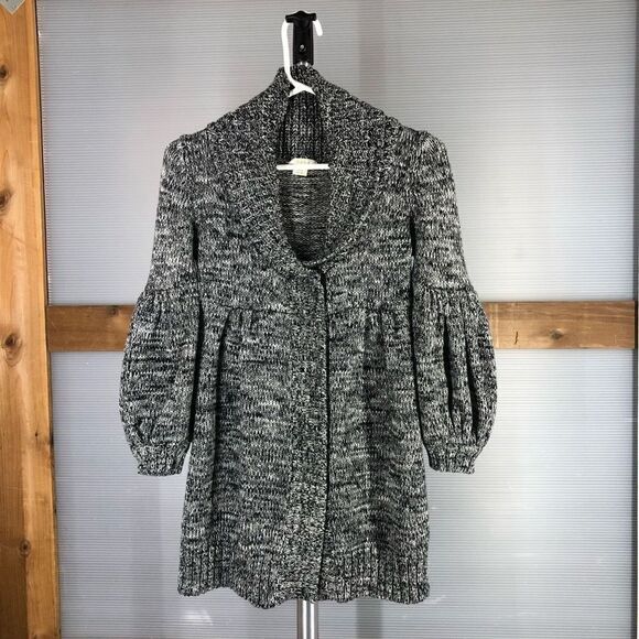 Anthro MAIKO Black White Knit Boho SnapButton Balloon Sleeve Cardigan Coat Sz XS - Picture 1 of 5